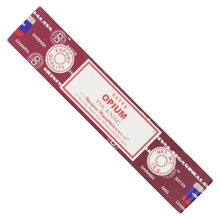 Satya Opium Incense 15g pack in a sleek maroon design, highlighting the premium quality and captivating scent of this handcrafted product.