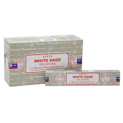 Satya White Sage Incense multi-pack showcasing multiple boxes with premium hand-rolled incense sticks, ideal for cleansing and purification.