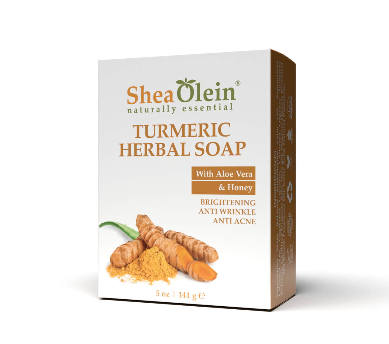 Side view of SheaOlein Turmeric Herbal Soap packaging showcasing vibrant turmeric roots and highlighting its natural benefits: brightening, anti-aging, and acne-fighting properties.