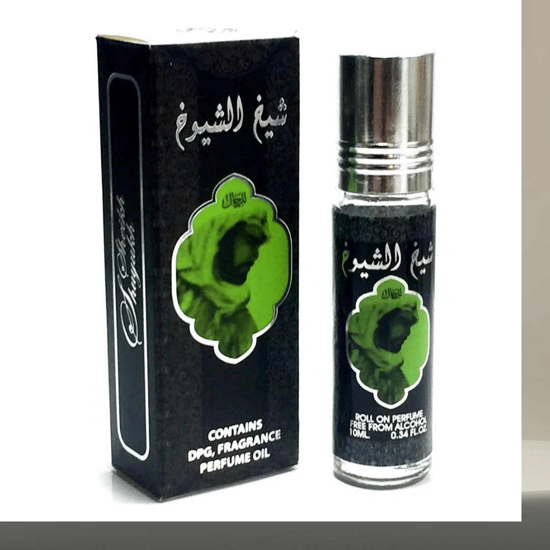 Side view of Sheikh Al Shuyukh Roll-On Perfume Oil 10ML, showcasing its elegant black and green packaging and premium unisex fragrance.