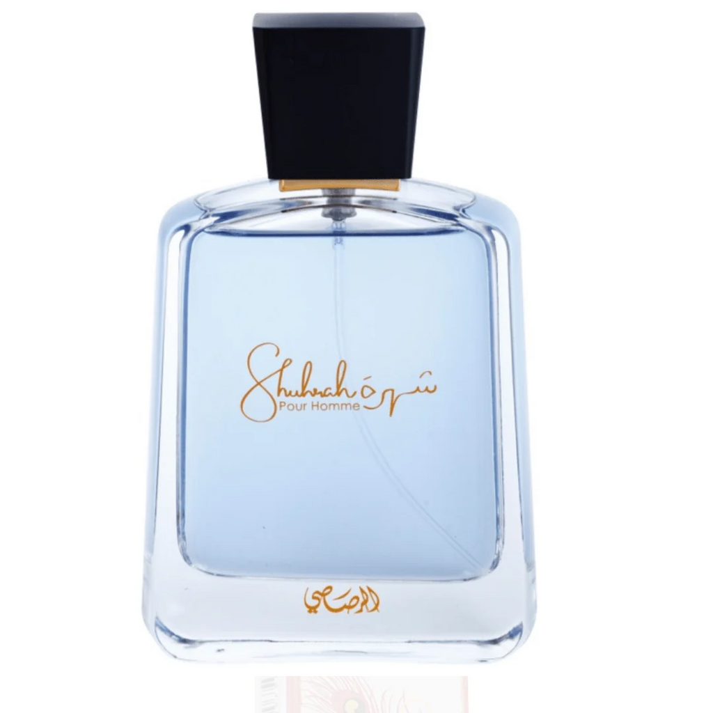 Shuhrah Pour Homme by Rasasi, showcasing its stylish blue bottle with bold black cap.