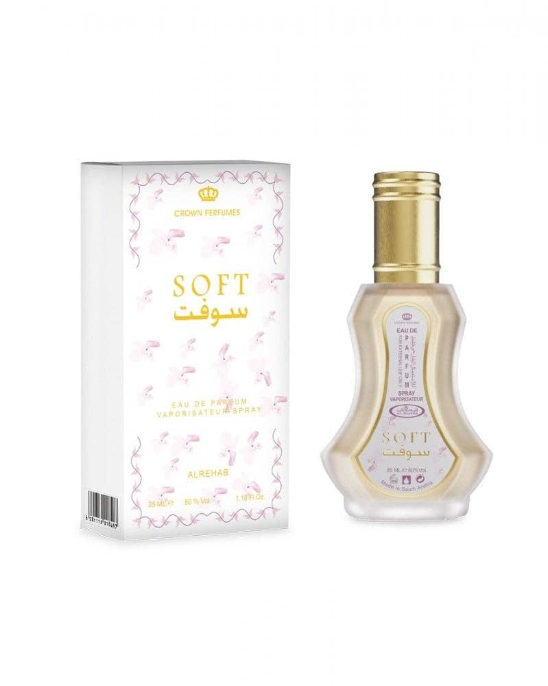 Soft Perfume Spray by Al Rehab 35ml – floral warm feminine fragrance with box and bottle displayed
