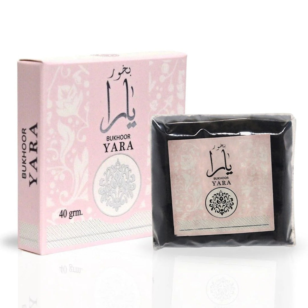 Yara Bukhoor by Ard Al Zaafaran, 40g, displayed with a pink floral box and securely packaged bukhoor pieces, offering elegance and quality.