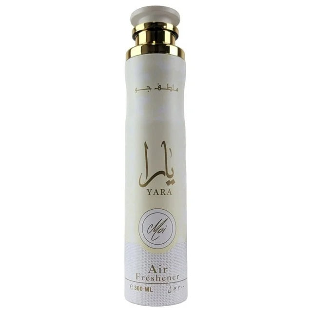 Yara Moi by Lattafa air freshener bottle with a gold-accented cap, 300ml premium Arabian fragrance.