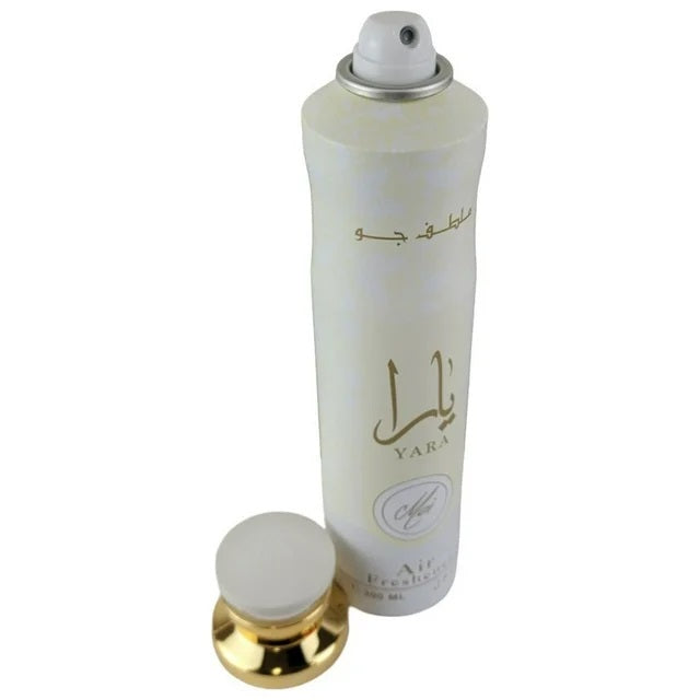 Yara Moi by Lattafa air freshener with an open cap, showcasing the spray nozzle, 300ml luxury Arabian fragrance.
