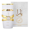 Yara Moi by Lattafa Eau de Parfum 100ML bottle in an elegant white and gold design, displayed alongside its matching luxurious box with floral accents.