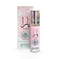 Yara 10ml roll-on perfume oil by Ard Al Zaafaran, showcasing its matching pink floral bottle and box design with luxurious detailing.
